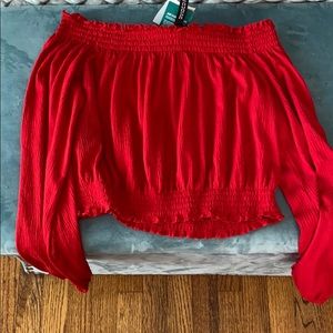red off shoulder shirt